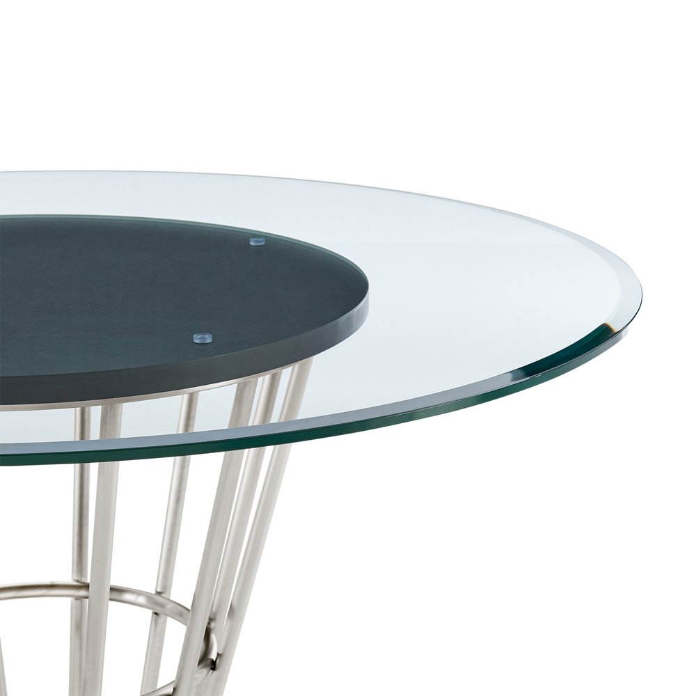 Clear and Silver Glass and Stainless Steel Pedestal Base Round Top Dining Table