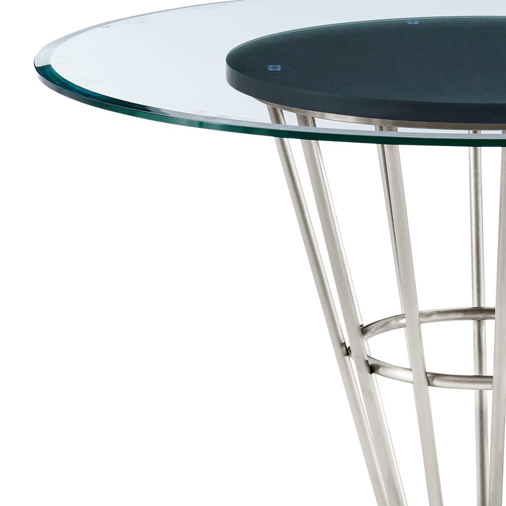 Clear and Silver Glass and Stainless Steel Pedestal Base Round Top Dining Table