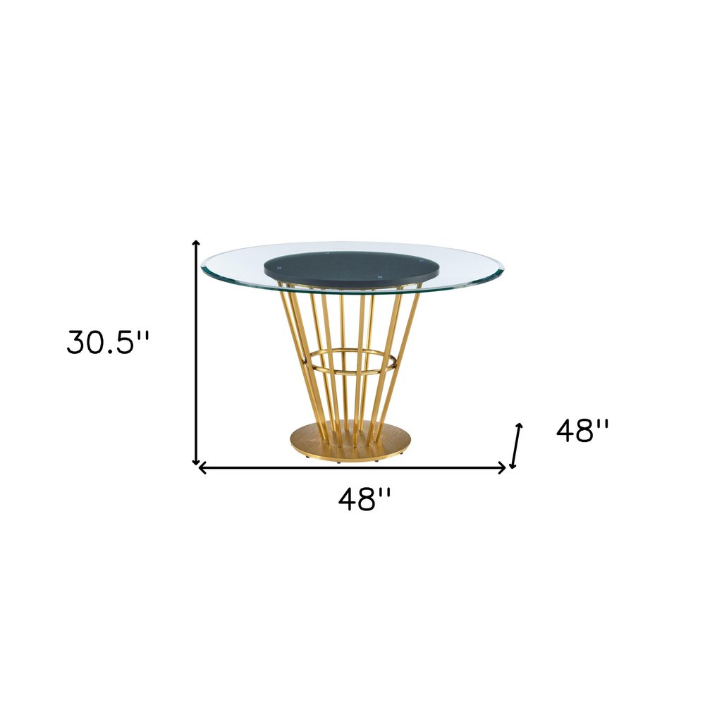 Clear and Gold Glass and Stainless Steel Pedestal Base Round Top Dining Table