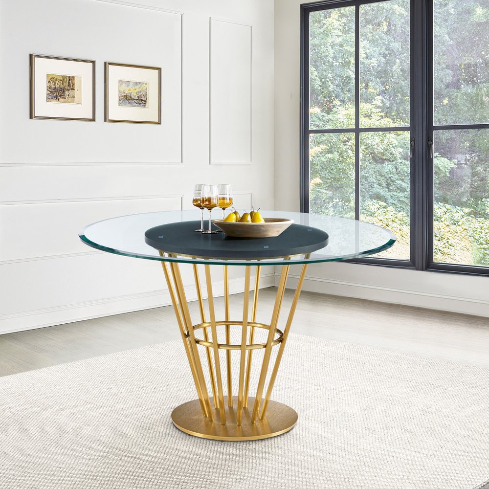 Clear and Gold Glass and Stainless Steel Pedestal Base Round Top Dining Table