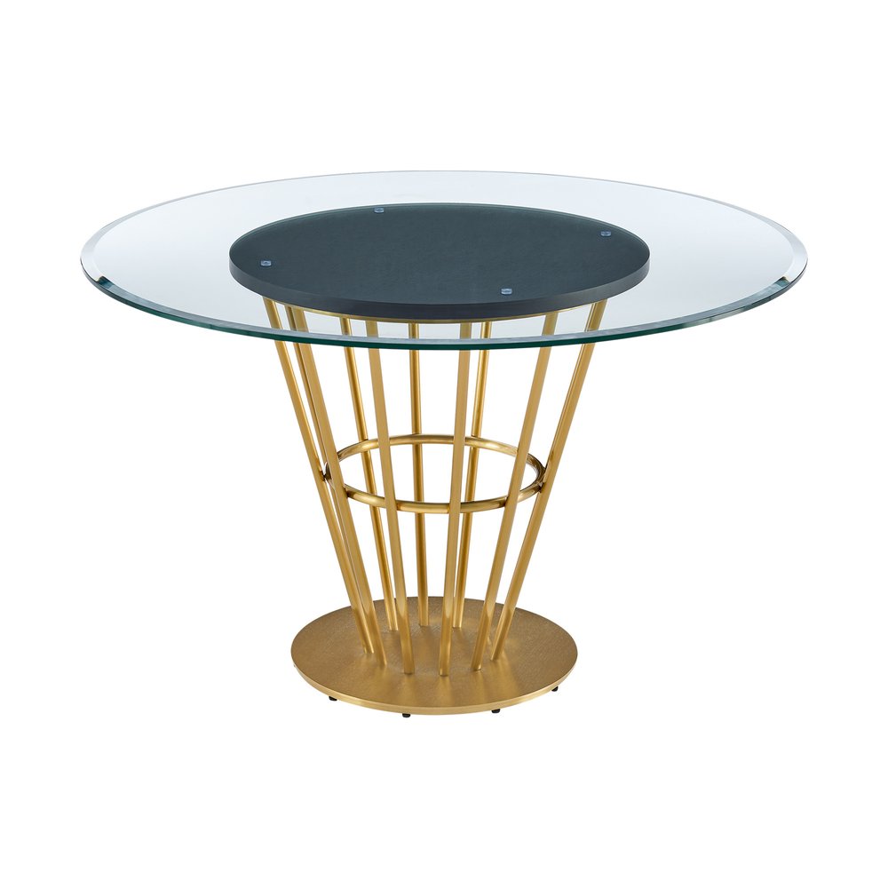 Clear and Gold Glass and Stainless Steel Pedestal Base Round Top Dining Table