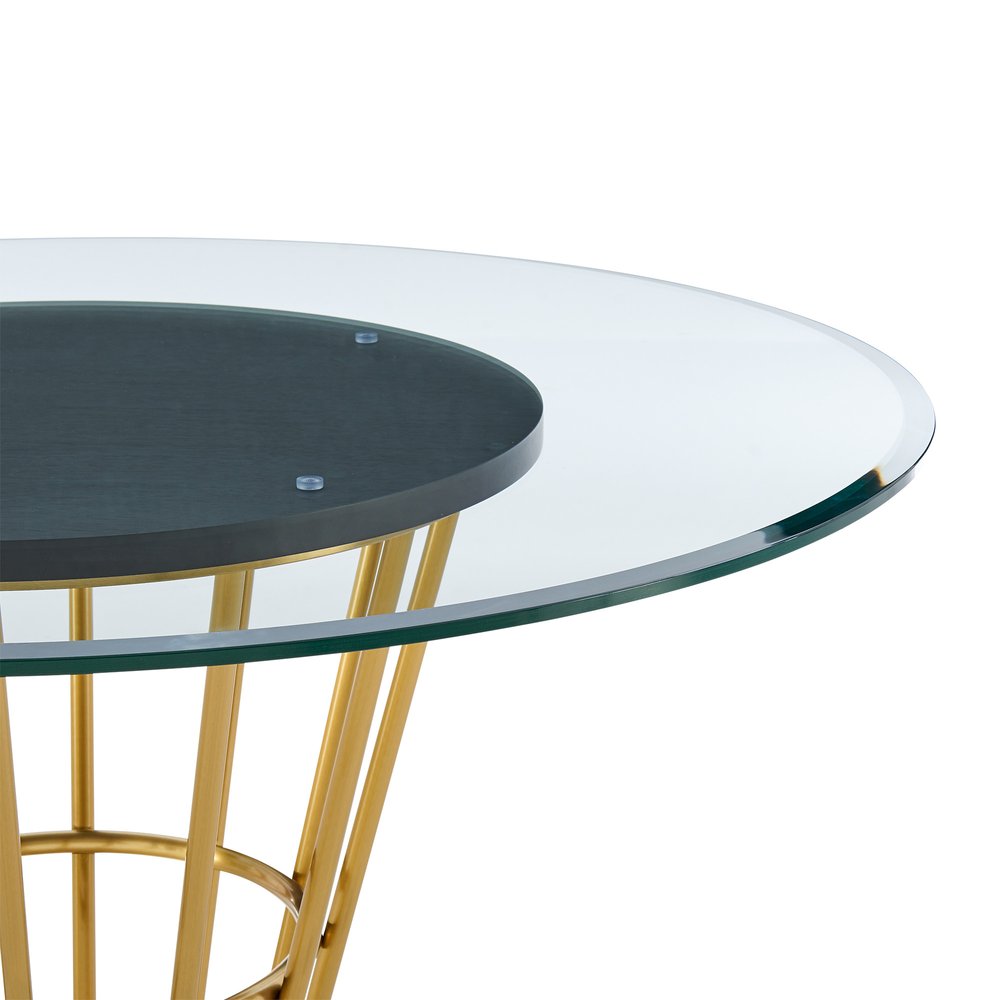 Clear and Gold Glass and Stainless Steel Pedestal Base Round Top Dining Table