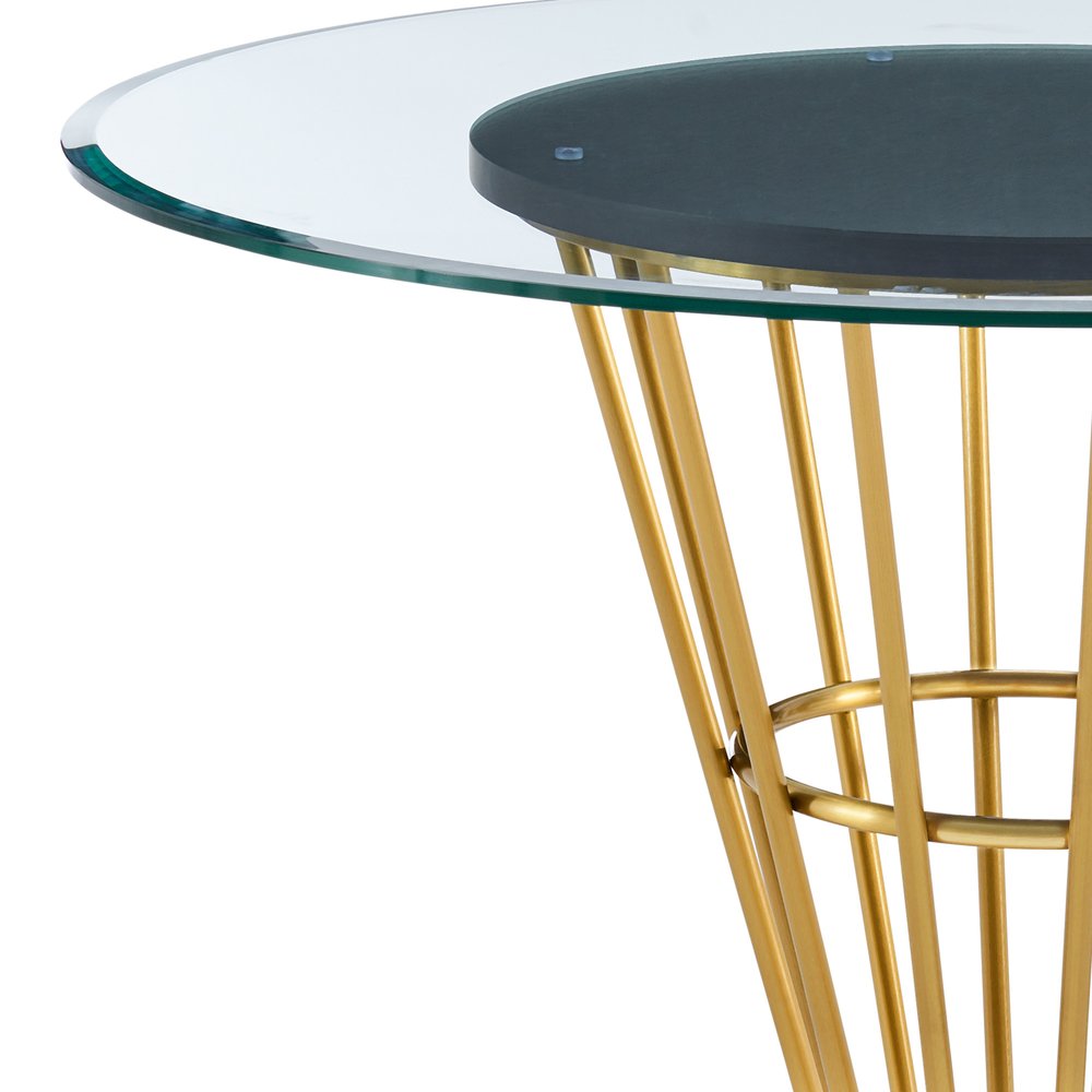 Clear and Gold Glass and Stainless Steel Pedestal Base Round Top Dining Table