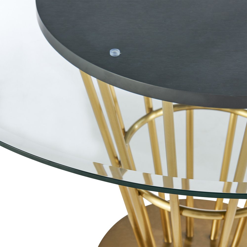 Clear and Gold Glass and Stainless Steel Pedestal Base Round Top Dining Table
