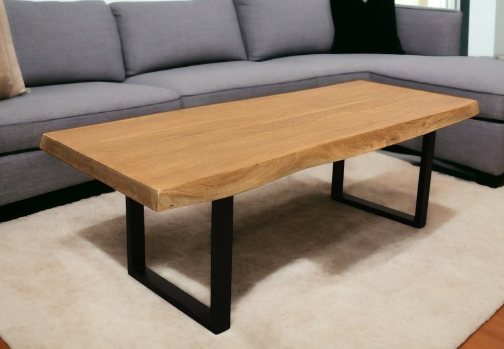 Natural and Black Solid Wood and Iron Live Edge Coffee Table - 70-inch