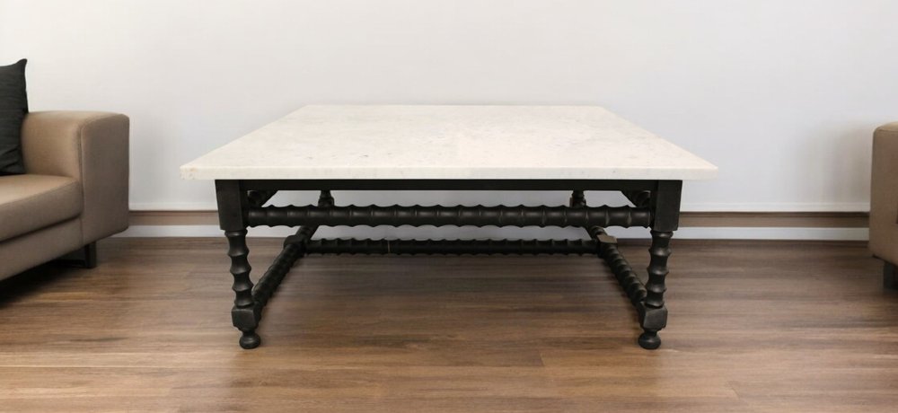 White and Black Genuine Marble and Solid Wood Square Coffee Table