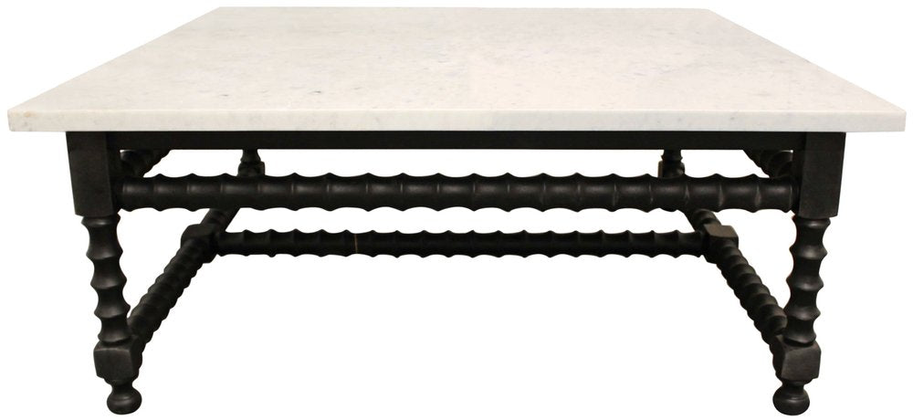 White and Black Genuine Marble and Solid Wood Square Coffee Table