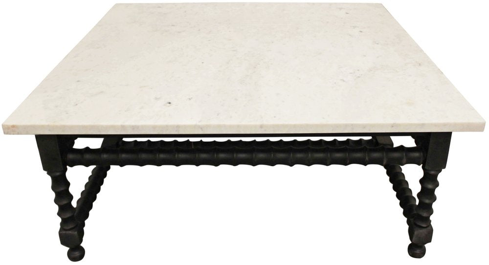 White and Black Genuine Marble and Solid Wood Square Coffee Table