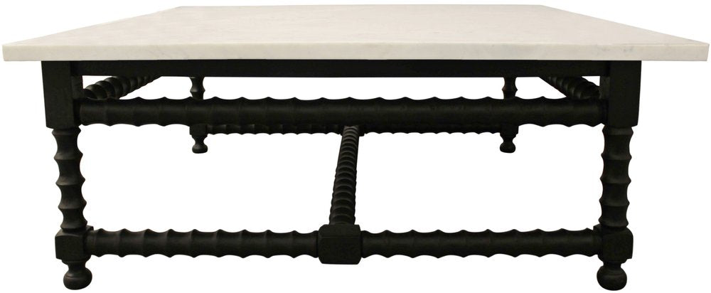 White and Black Genuine Marble and Solid Wood Square Coffee Table