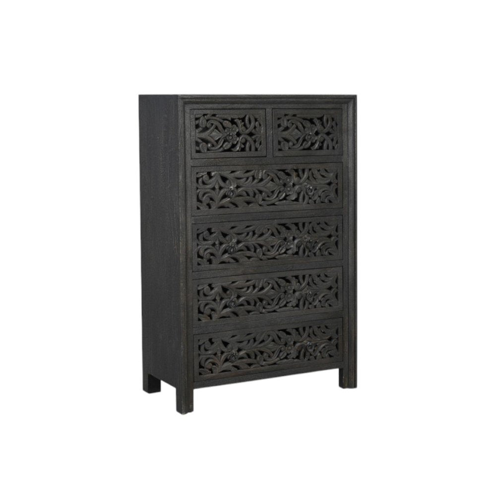 Black Carved Floral Solid Wood Six Drawer Dresser - 35-inch