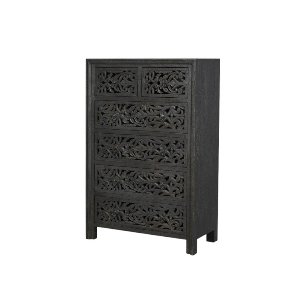Black Carved Floral Solid Wood Six Drawer Dresser - 35-inch