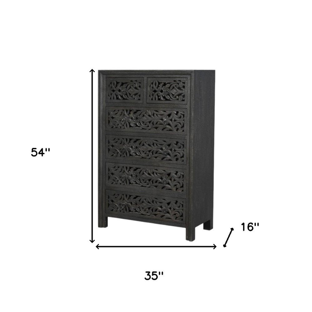 Black Carved Floral Solid Wood Six Drawer Dresser - 35-inch