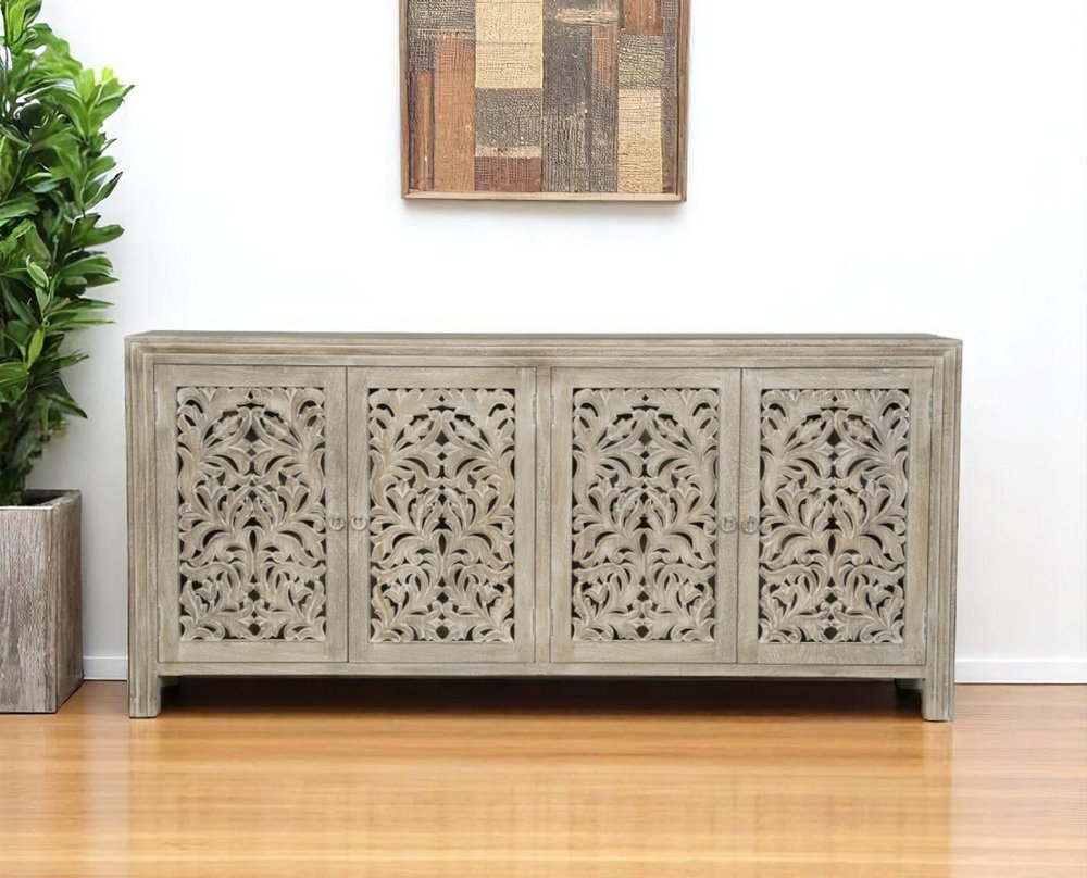 Gray Distressed Solid Wood Carved Floral Sideboard with Four Doors - 78-inch