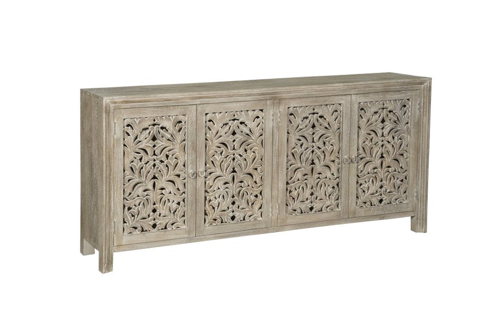 Gray Distressed Solid Wood Carved Floral Sideboard with Four Doors - 78-inch
