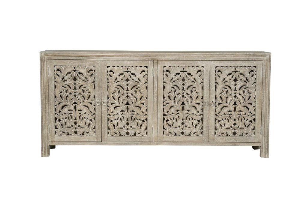 Gray Distressed Solid Wood Carved Floral Sideboard with Four Doors - 78-inch