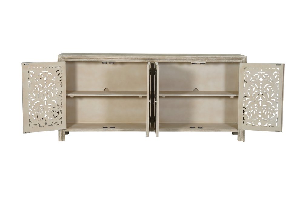 Gray Distressed Solid Wood Carved Floral Sideboard with Four Doors - 78-inch