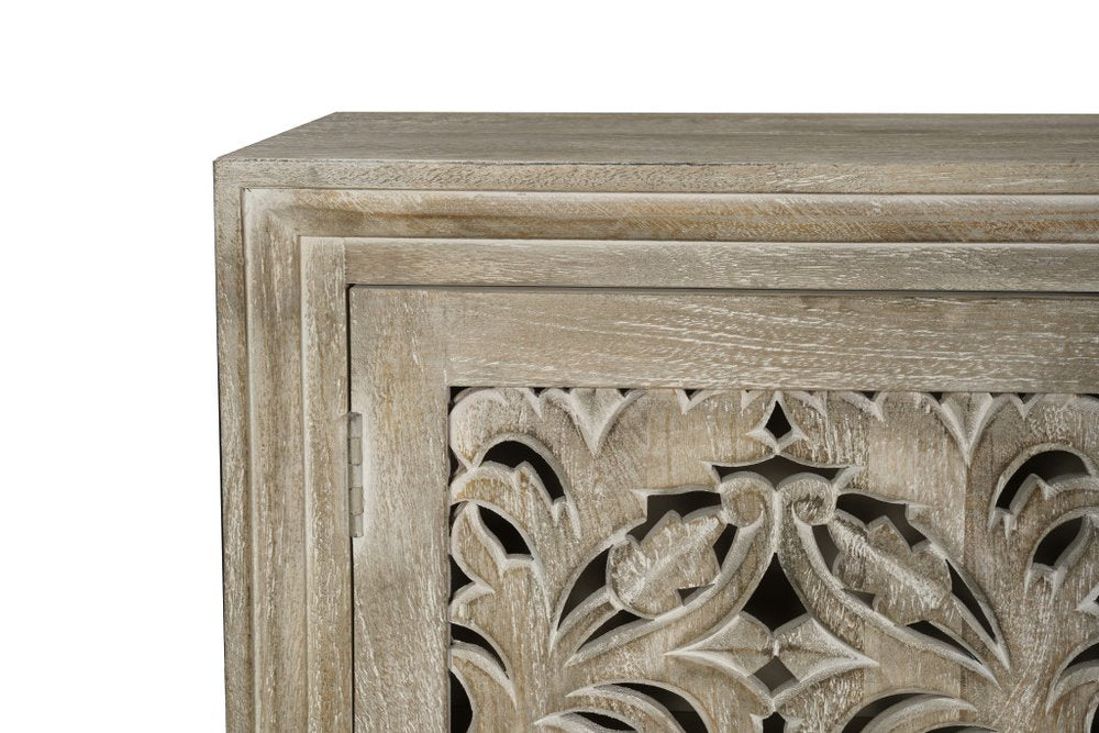 Gray Distressed Solid Wood Carved Floral Sideboard with Four Doors - 78-inch