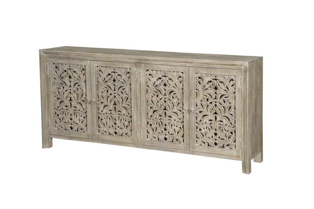 Gray Distressed Solid Wood Carved Floral Sideboard with Four Doors - 78-inch