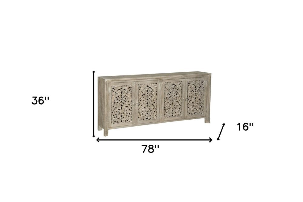 Gray Distressed Solid Wood Carved Floral Sideboard with Four Doors - 78-inch