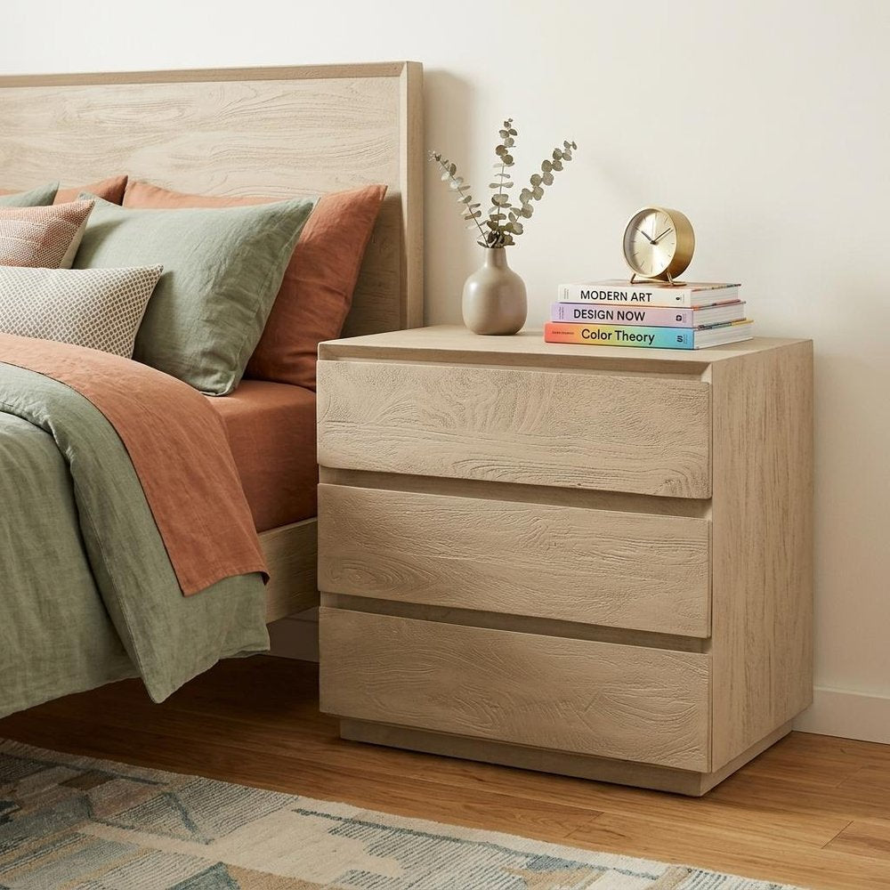 Natural Solid Wood Three Drawer Nightstand - 24-inch