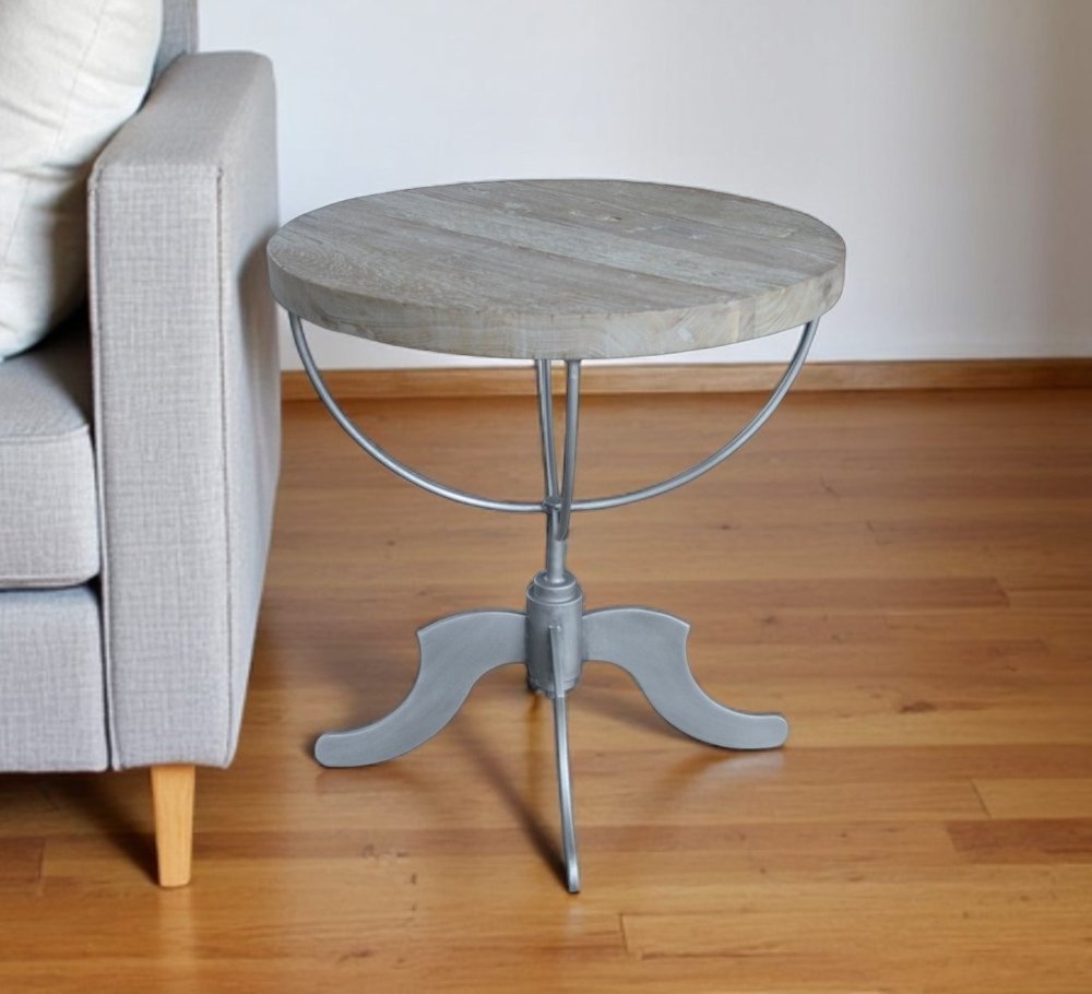 Brown Reclaimed Wood and Iron Round Pedestal End Table - 30-inch