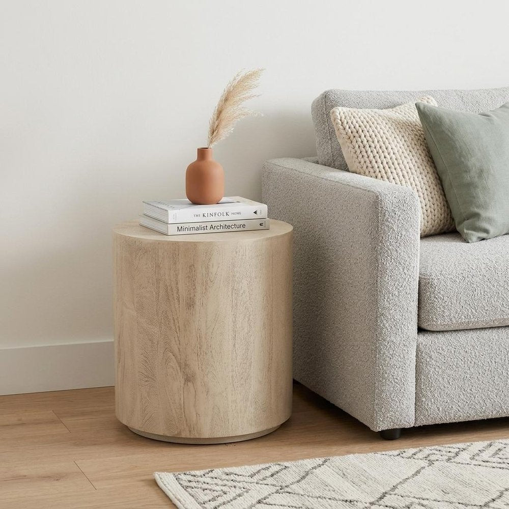 Natural Distressed Solid Wood Round Pedestal End Table - 20-inch