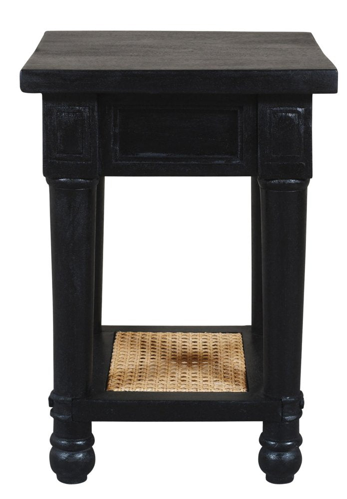 Black and Natural Solid Wood and Cane Square End Table with Shelf
