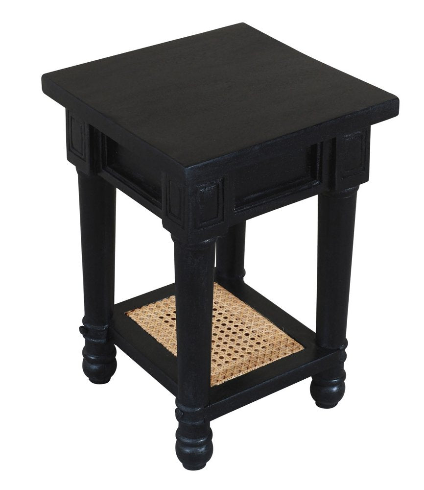 Black and Natural Solid Wood and Cane Square End Table with Shelf