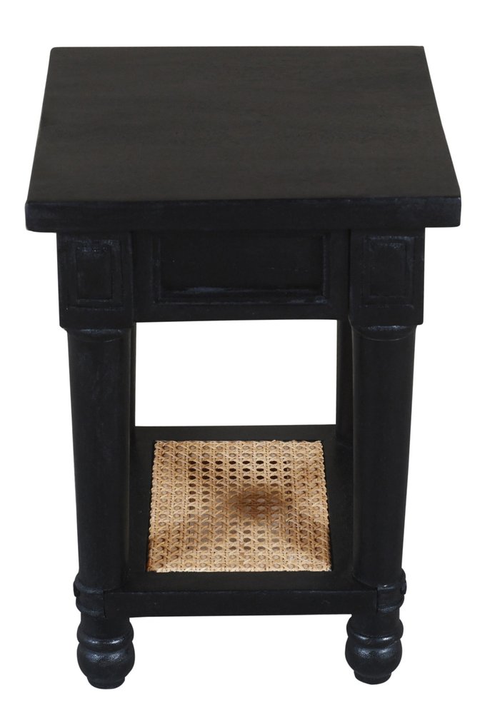 Black and Natural Solid Wood and Cane Square End Table with Shelf