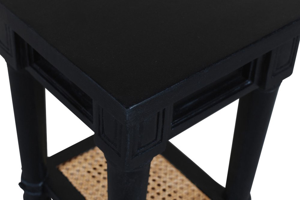 Black and Natural Solid Wood and Cane Square End Table with Shelf