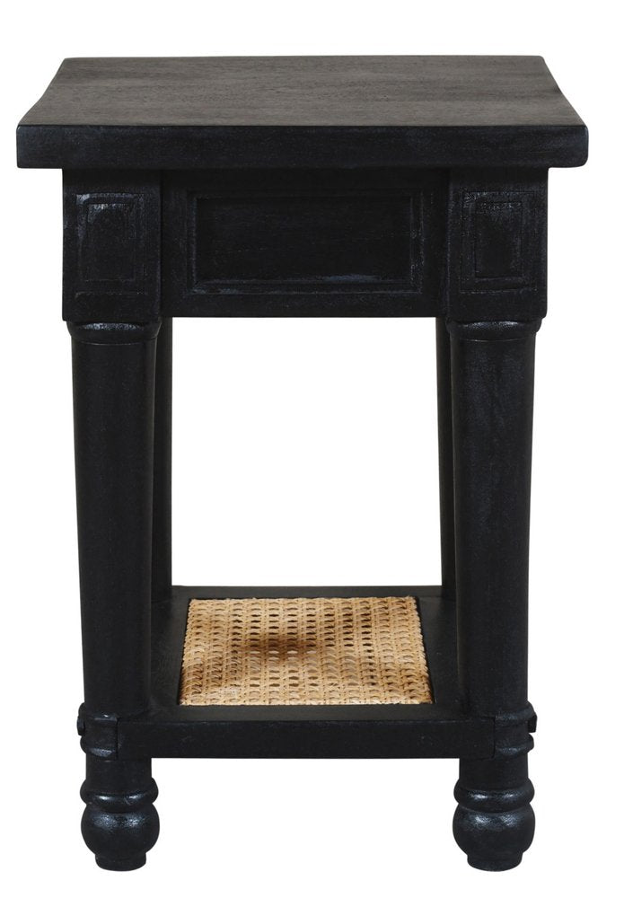 Black and Natural Solid Wood and Cane Square End Table with Shelf