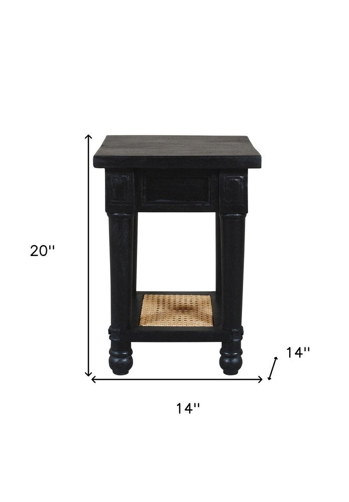 Black and Natural Solid Wood and Cane Square End Table with Shelf