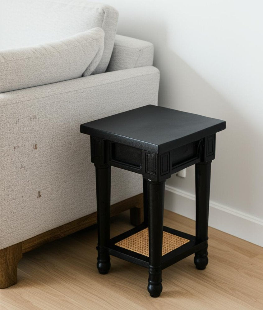 Black and Natural Solid Wood and Cane Square End Table with Shelf