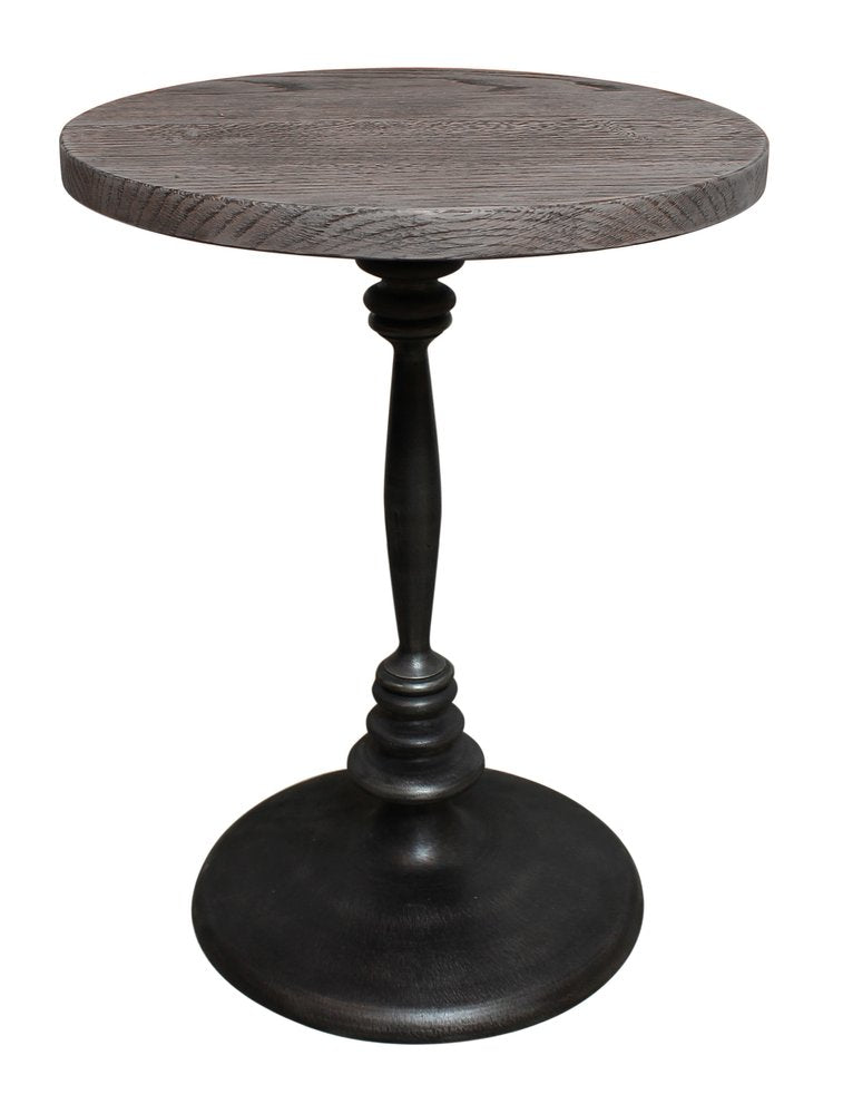 Natural and Black Distressed Solid Wood and Iron Round Pedestal End Table