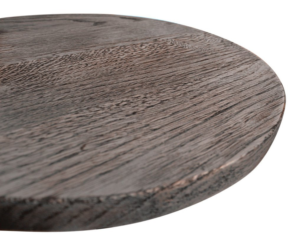 Natural and Black Distressed Solid Wood and Iron Round Pedestal End Table