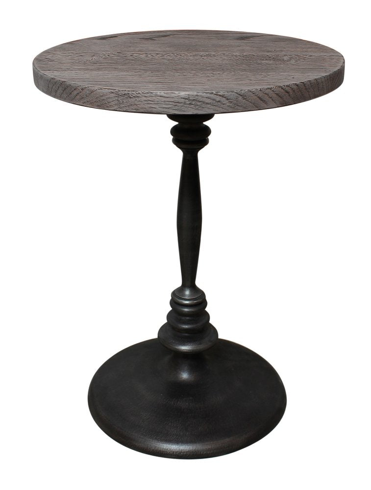Natural and Black Distressed Solid Wood and Iron Round Pedestal End Table