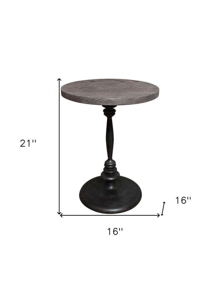 Natural and Black Distressed Solid Wood and Iron Round Pedestal End Table