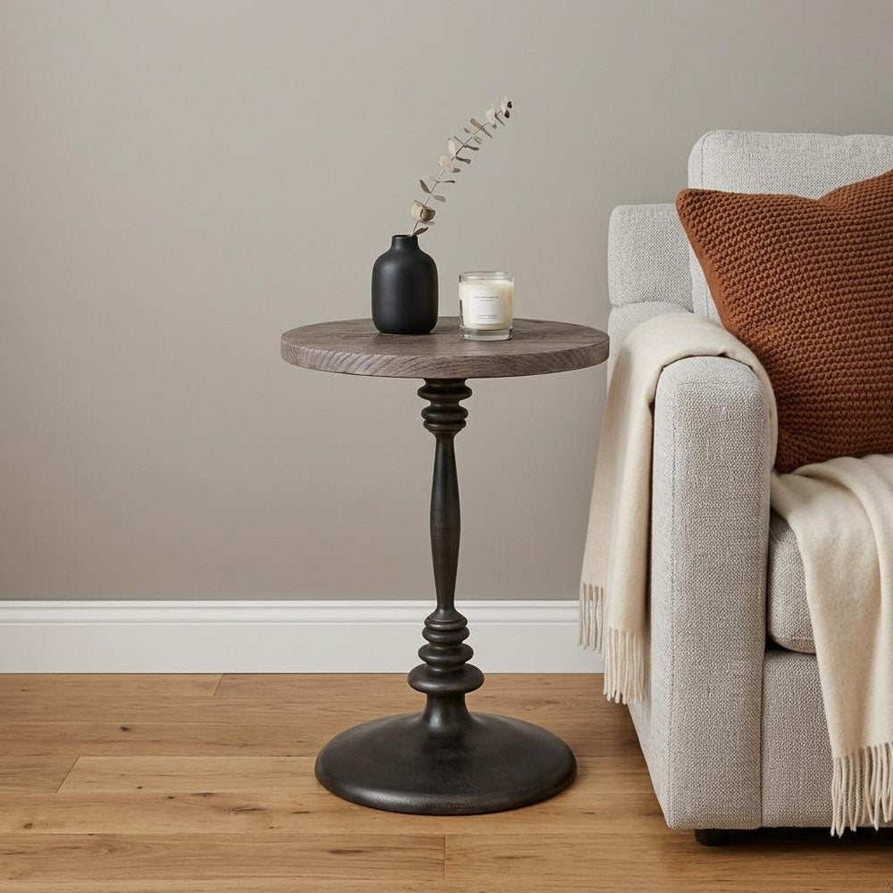 Natural and Black Distressed Solid Wood and Iron Round Pedestal End Table