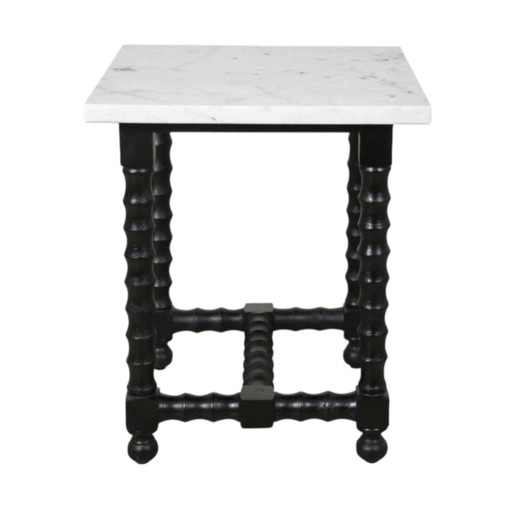 White and Black Marble and Solid Wood Square Trestle End Table