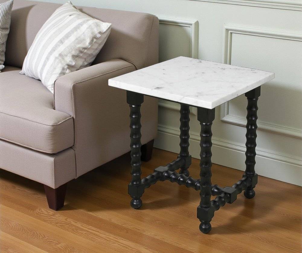White and Black Marble and Solid Wood Square Trestle End Table