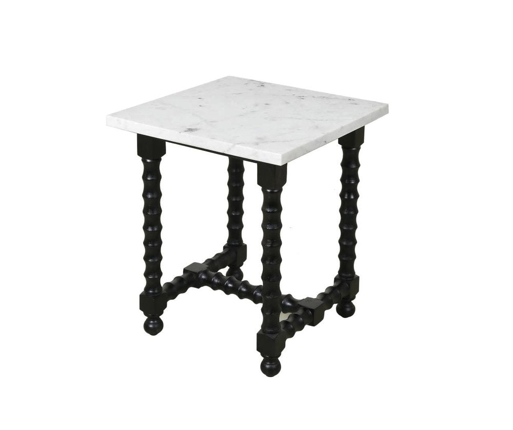 White and Black Marble and Solid Wood Square Trestle End Table