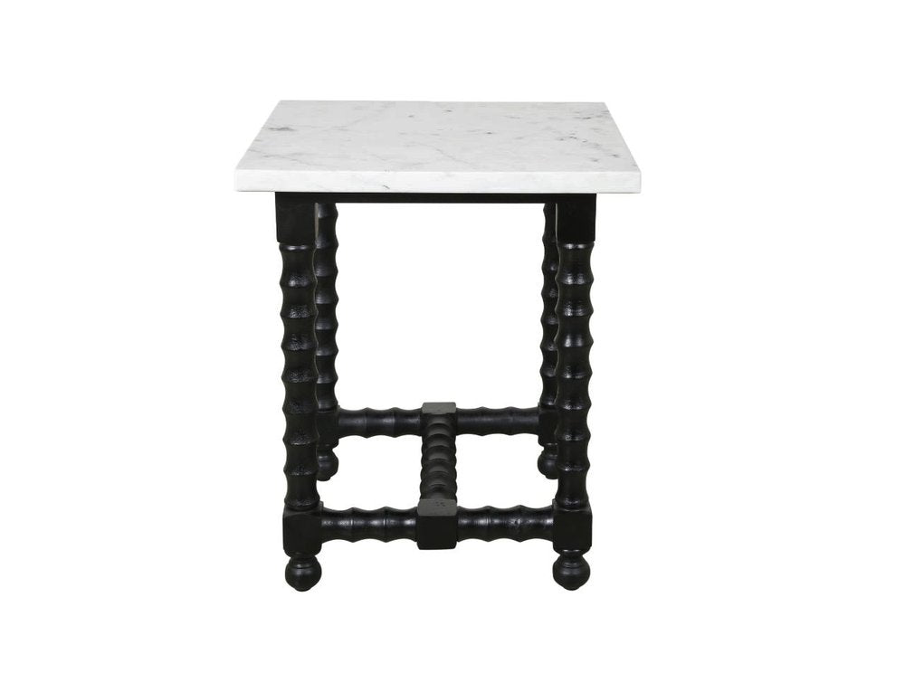 White and Black Marble and Solid Wood Square Trestle End Table