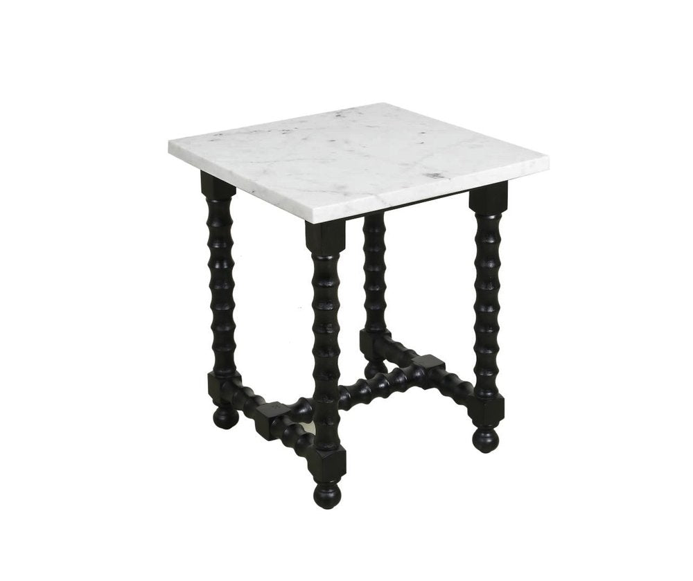 White and Black Marble and Solid Wood Square Trestle End Table