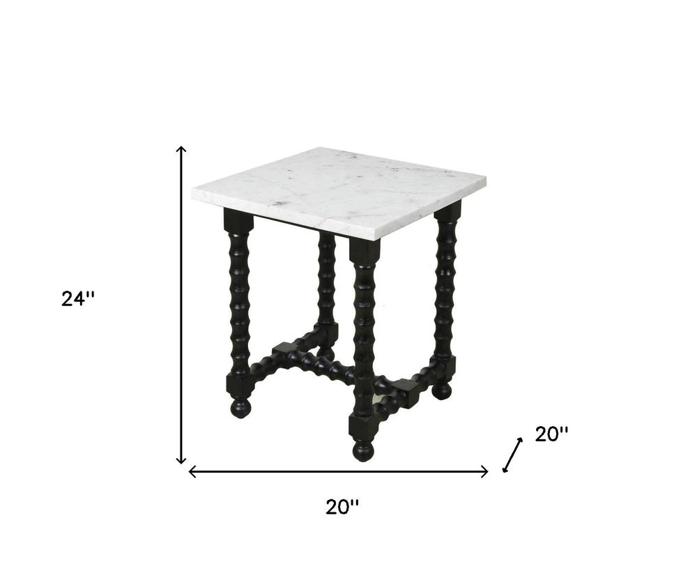 White and Black Marble and Solid Wood Square Trestle End Table