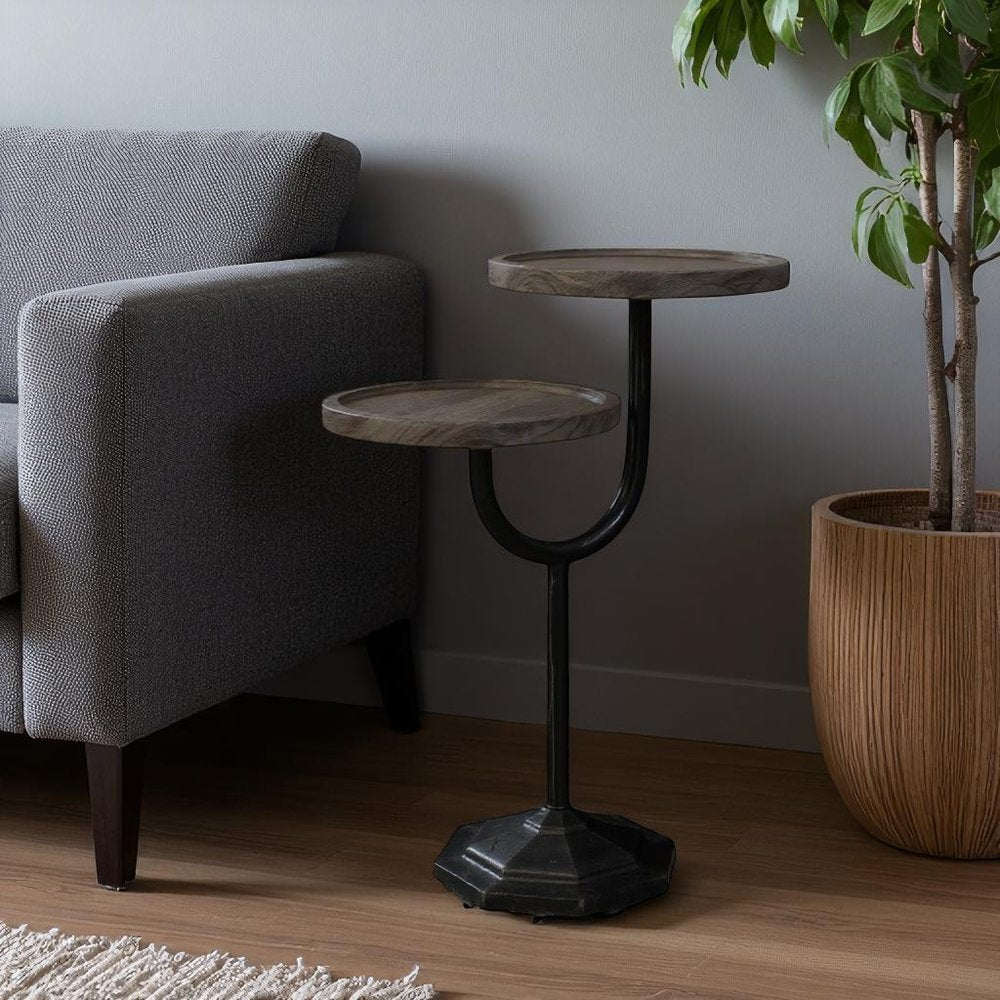 Natural and Black Solid Wood and Iron Round Double Tray Top End Table