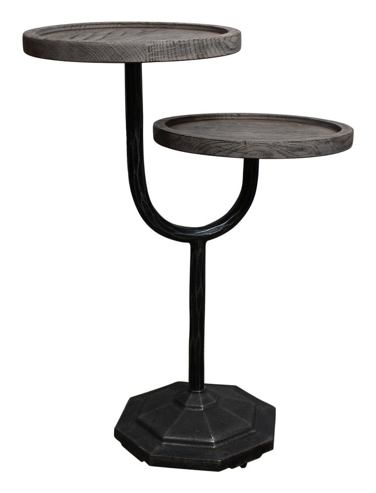Natural and Black Solid Wood and Iron Round Double Tray Top End Table