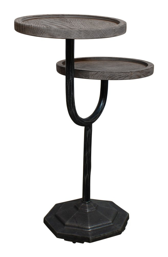 Natural and Black Solid Wood and Iron Round Double Tray Top End Table