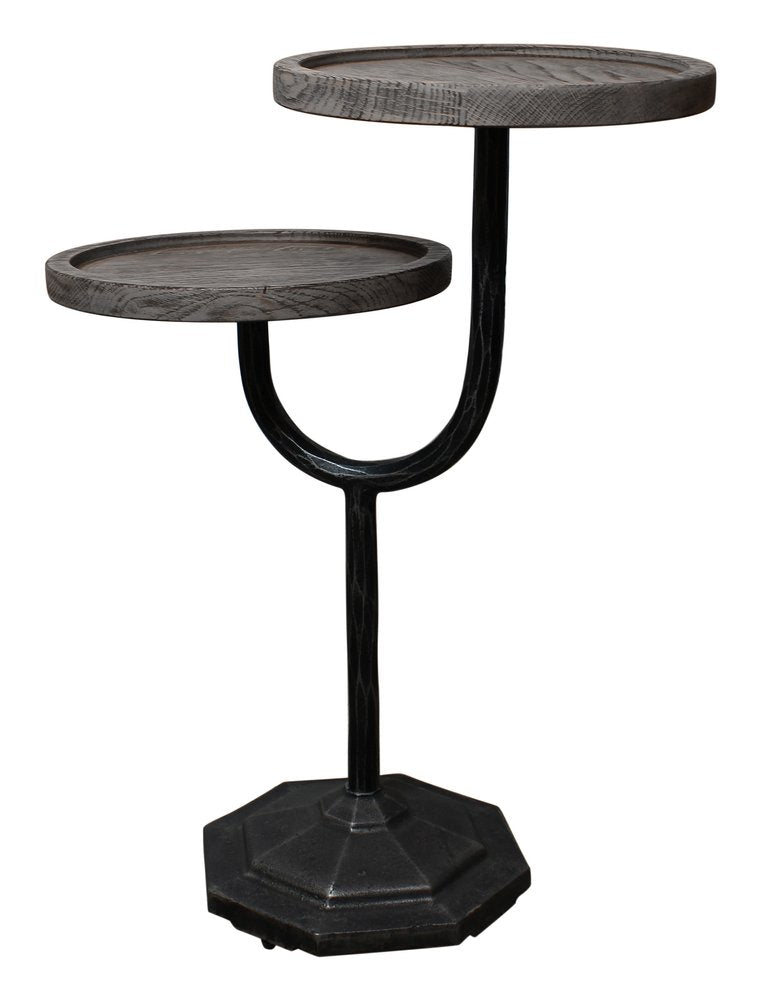 Natural and Black Solid Wood and Iron Round Double Tray Top End Table