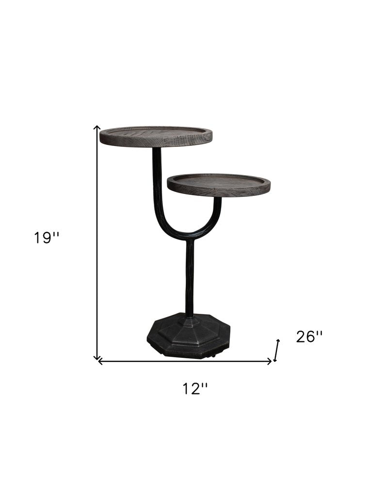 Natural and Black Solid Wood and Iron Round Double Tray Top End Table