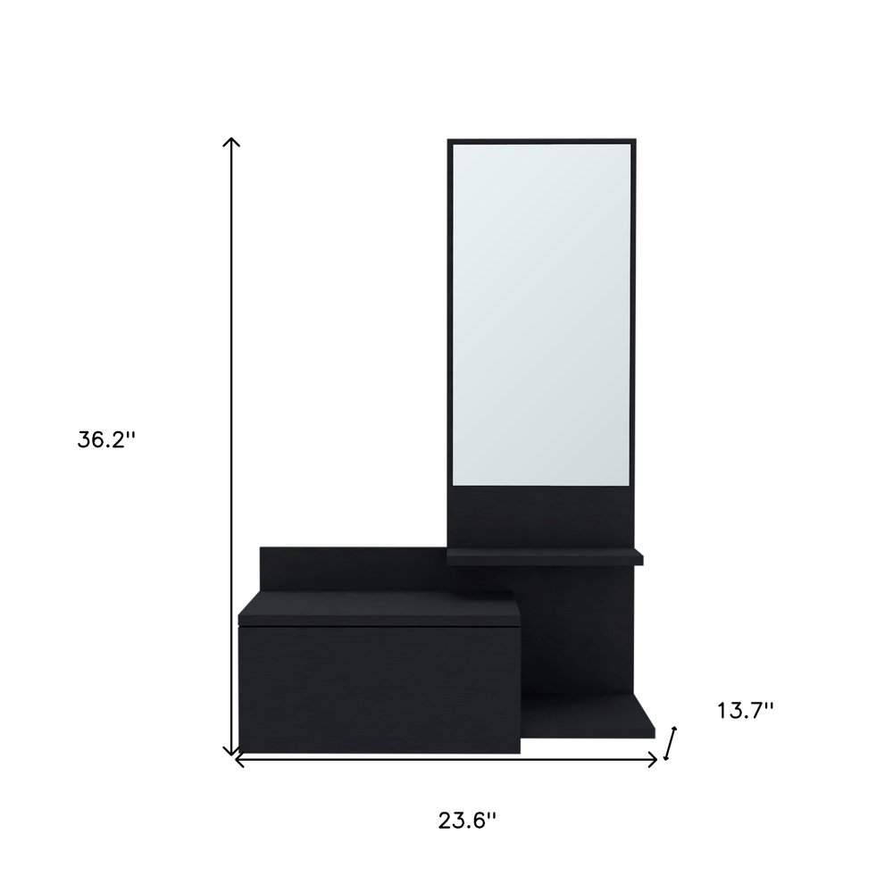 Black Wood Wall Mounted Accent Cabinet with Drawer and Mirror - 36-inch
